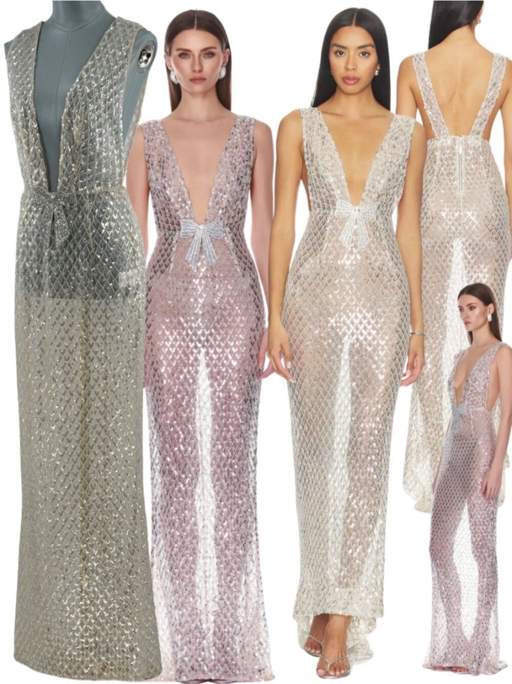 🆕 BRONX & BANCO 🧿 NWOT Liora Crystal Bridal Maxi Dress, Silver - Sz M US 6